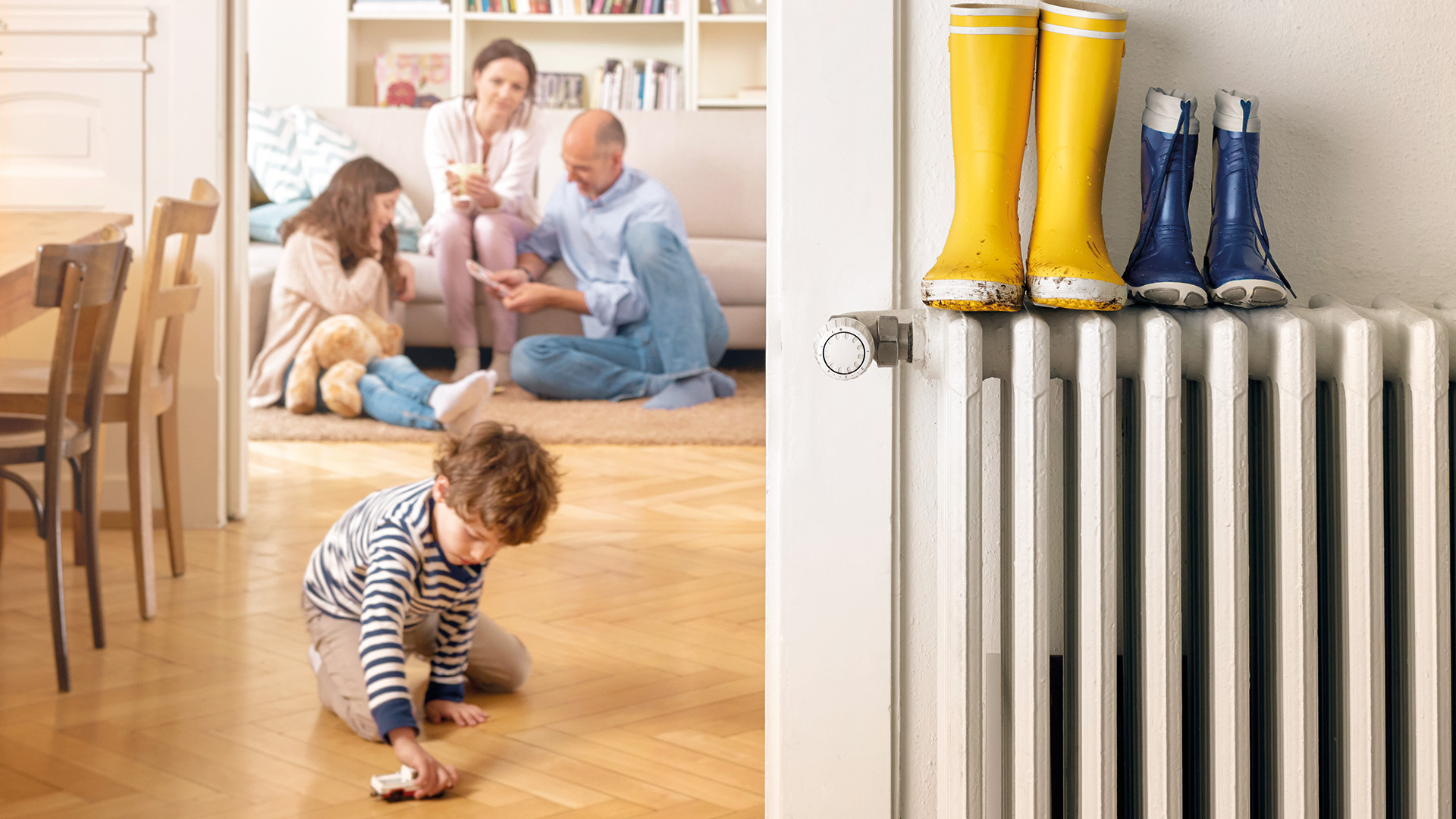 Familiensituation mit spielendem Kind in der warmen Wohnung